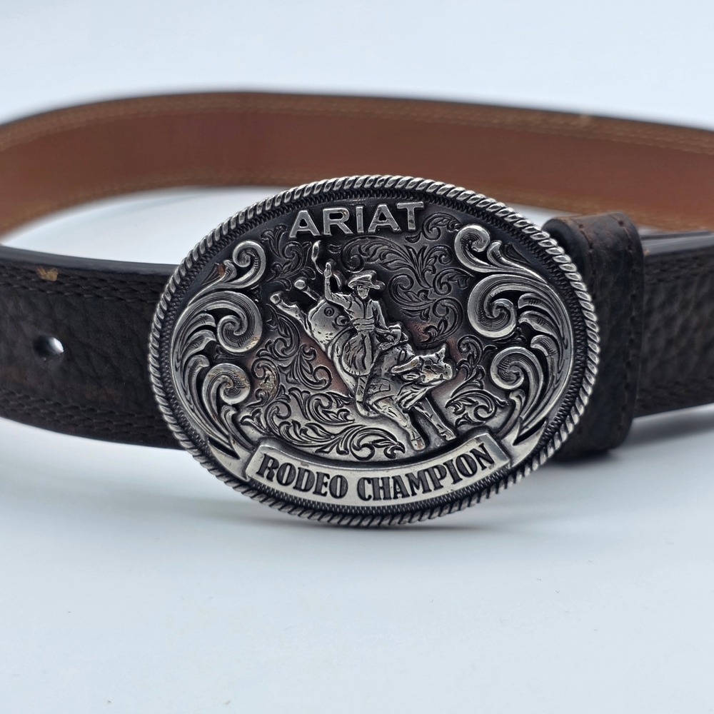 Ariat Belt Kids Size 24 Brown Leather Rodeo Champion Bull Rider Trophy Buckle